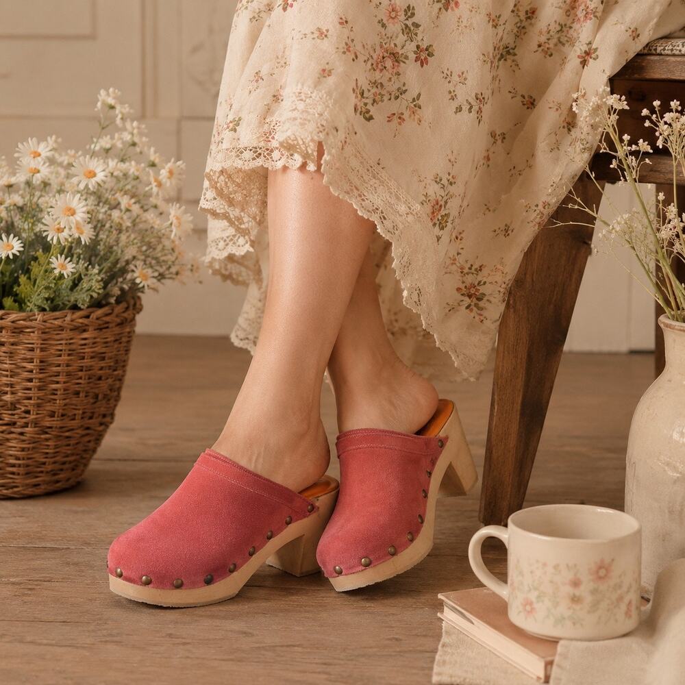 NWOB Beek Woodpecker Clog Platform Mule Sz 7 Rust Suede Shearling Lined Retro